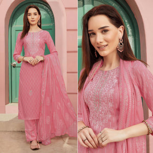 Light Pink Embroidery With Printed Pure Cotton Kurti Pant Set With Dupatta