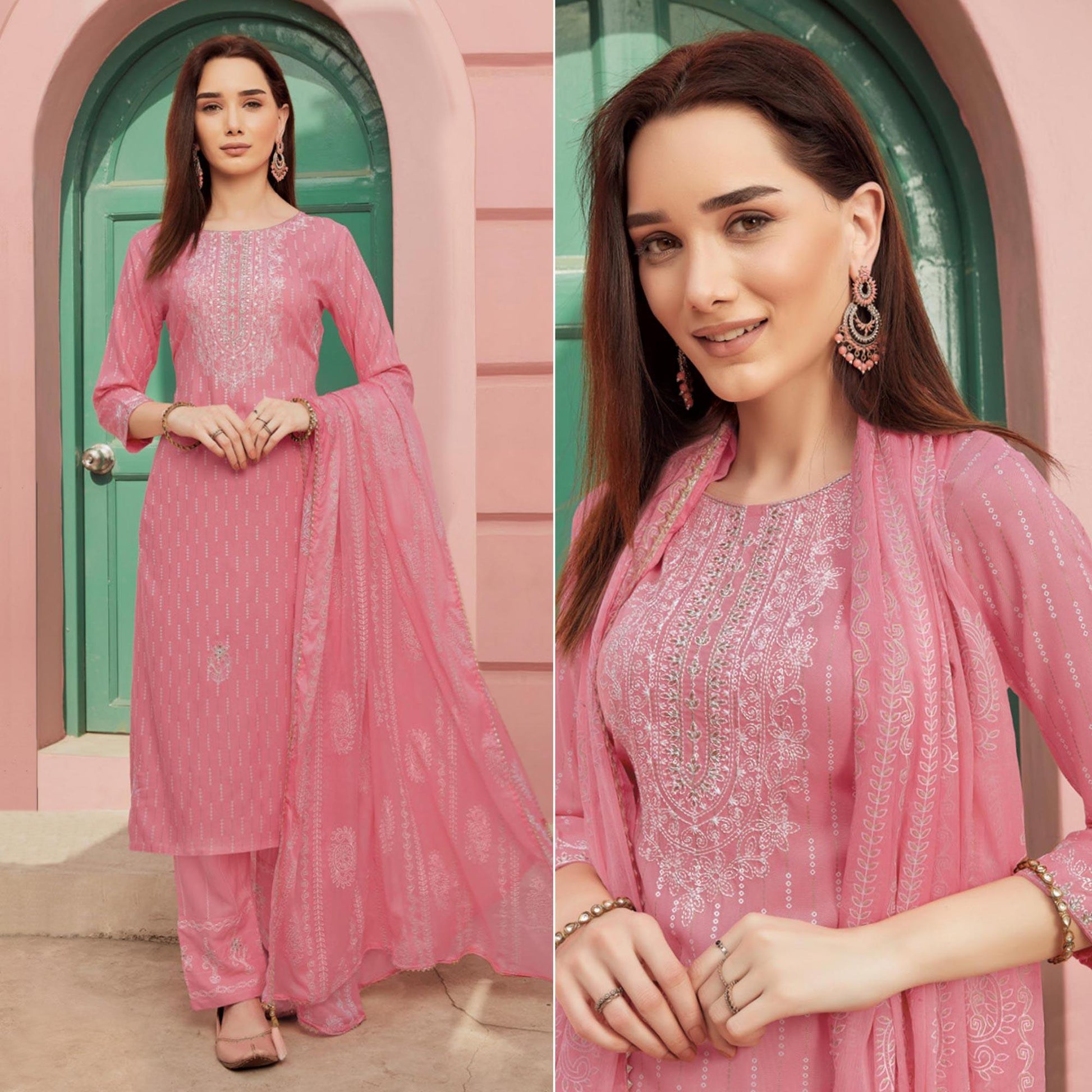 Light Pink Embroidery With Printed Pure Cotton Kurti Pant Set With Dupatta
