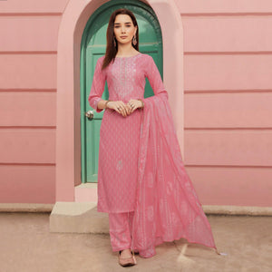 Light Pink Embroidery With Printed Pure Cotton Kurti Pant Set With Dupatta