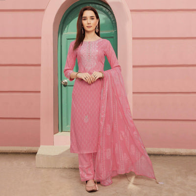 Light Pink Embroidery With Printed Pure Cotton Kurti Pant Set With Dupatta