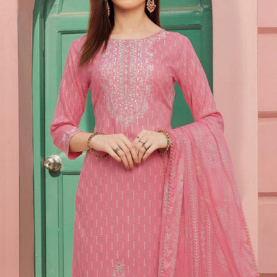 Light Pink Embroidery With Printed Pure Cotton Kurti Pant Set With Dupatta