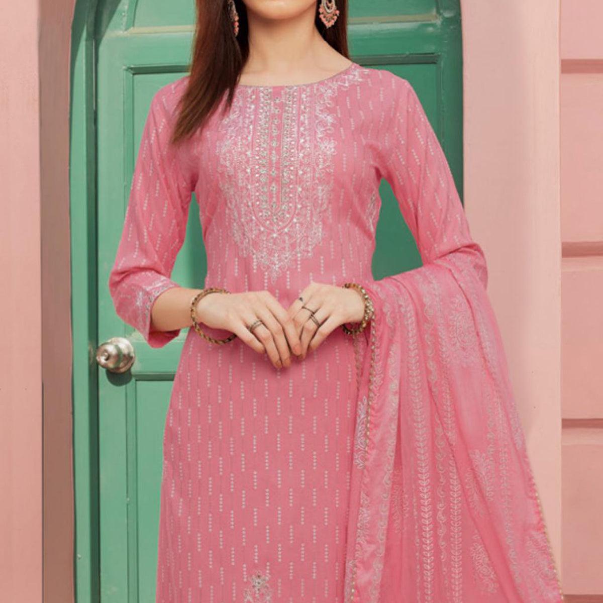 Light Pink Embroidery With Printed Pure Cotton Kurti Pant Set With Dupatta