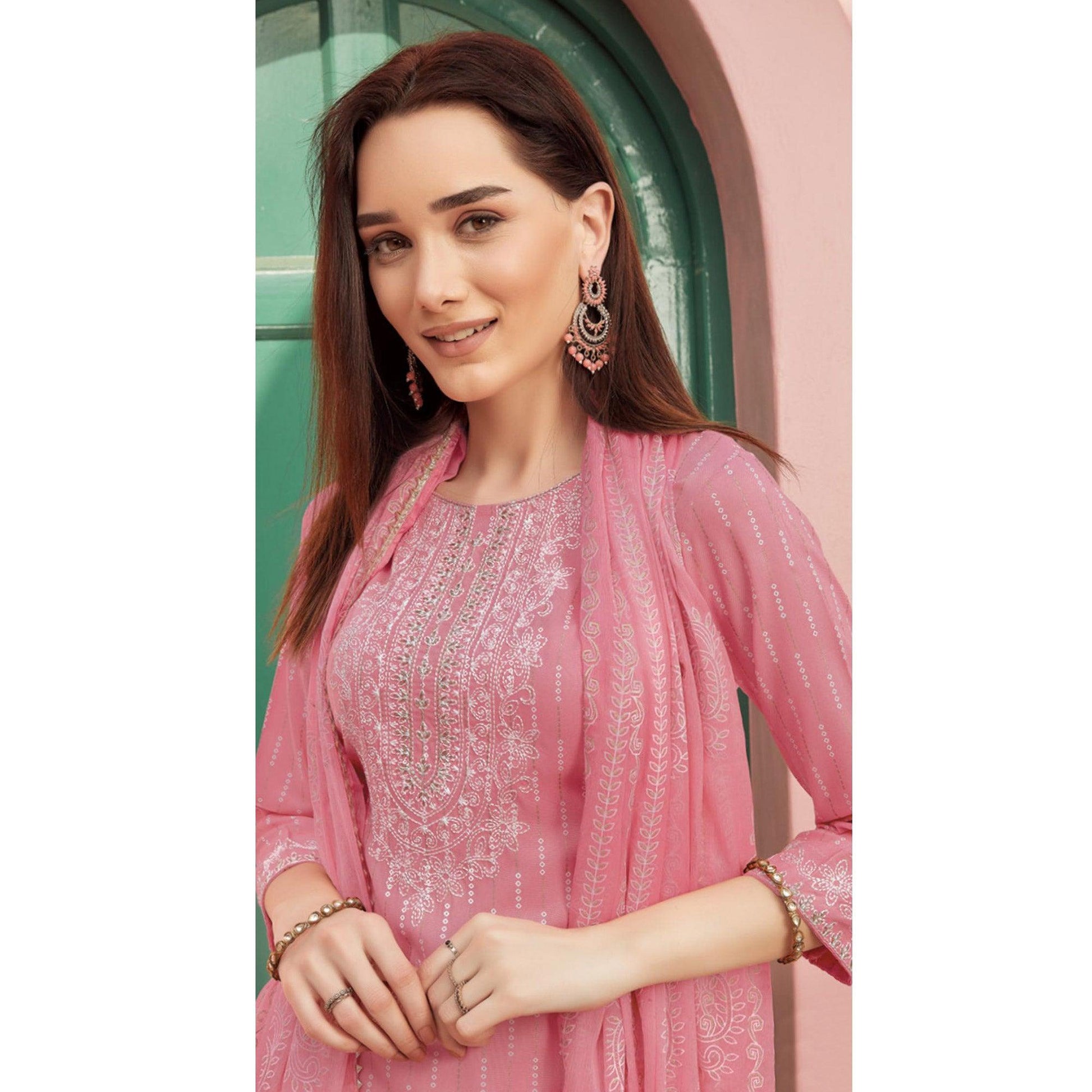 Light Pink Embroidery With Printed Pure Cotton Kurti Pant Set With Dupatta