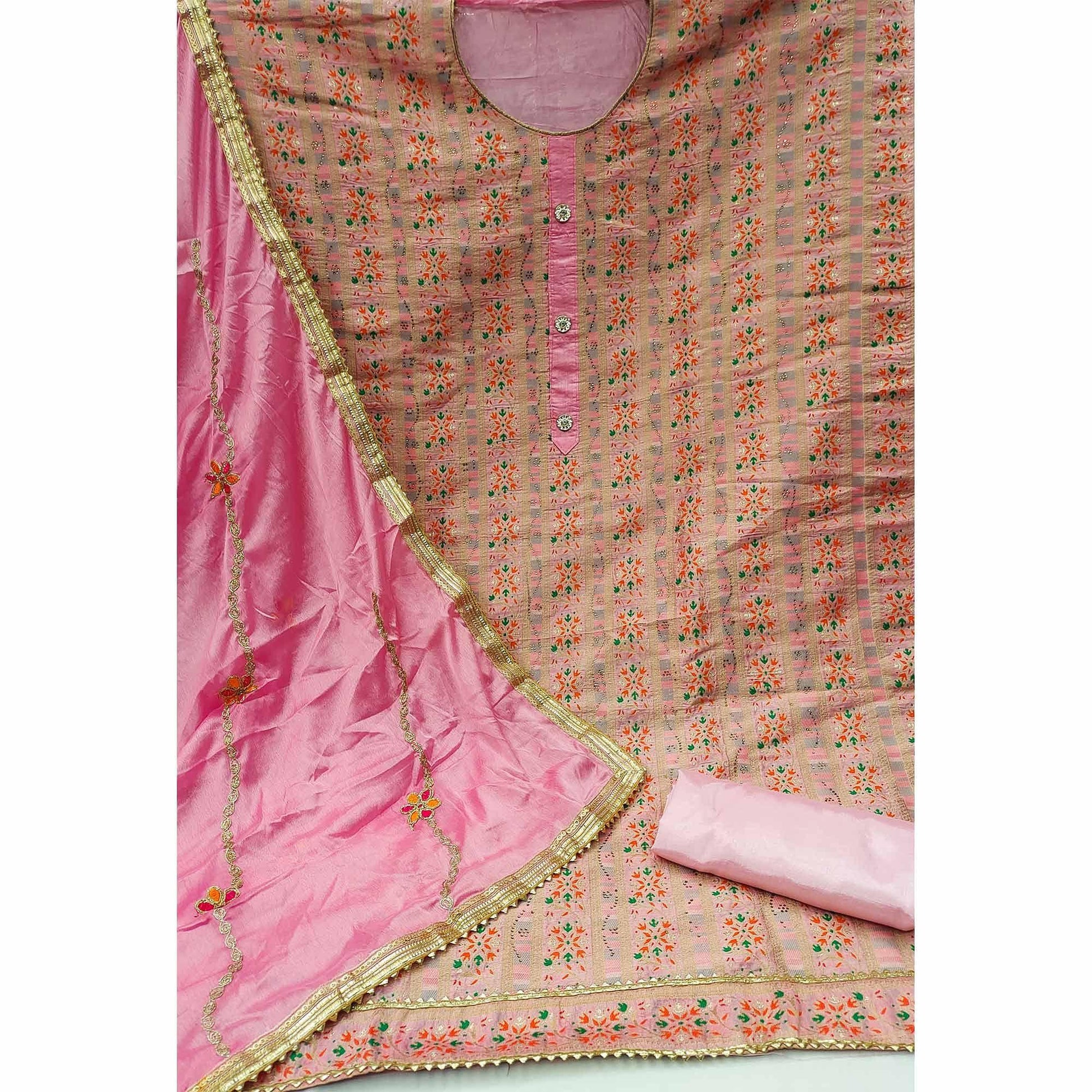 Light Pink Festive Wear Embroidered Banarasi Silk Jacquard Dress Material