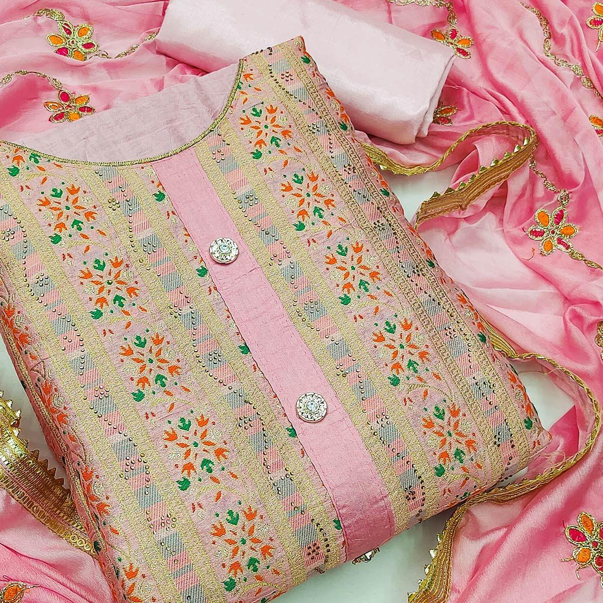Light Pink Festive Wear Embroidered Banarasi Silk Jacquard Dress Material
