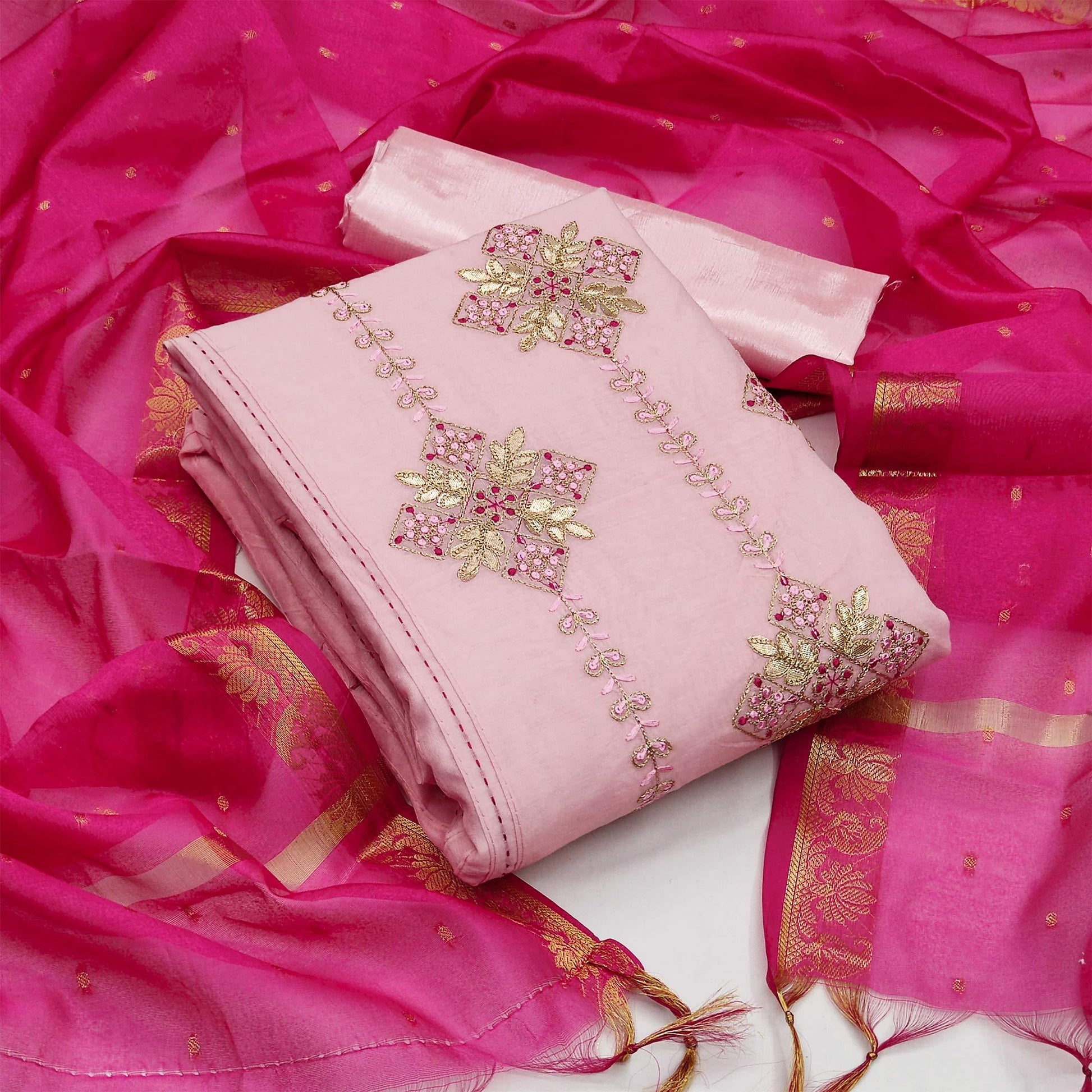 Light Pink Festive Wear Embroidered Chanderi Dress Material