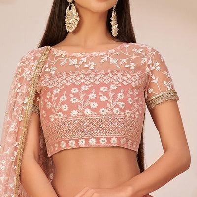 Light Pink Festive Wear Embroidered Mono Net Lehenga Choli