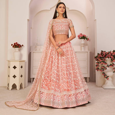 Light Pink Festive Wear Embroidered Mono Net Lehenga Choli