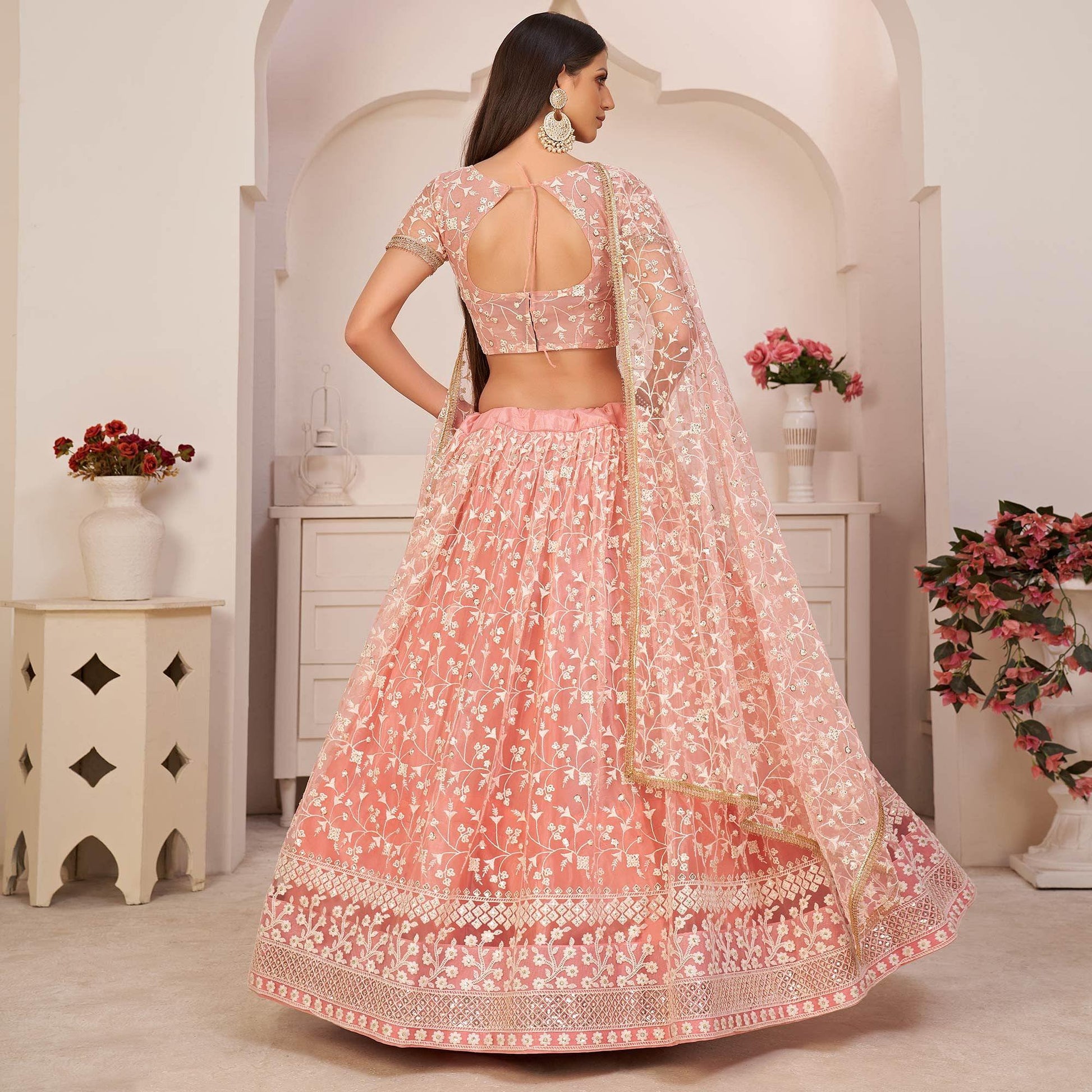 Light Pink Festive Wear Embroidered Mono Net Lehenga Choli