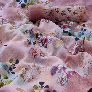 Light Pink Festive Wear Floral Digital Print With Woven Border Handloom Banarasi Silk Saree