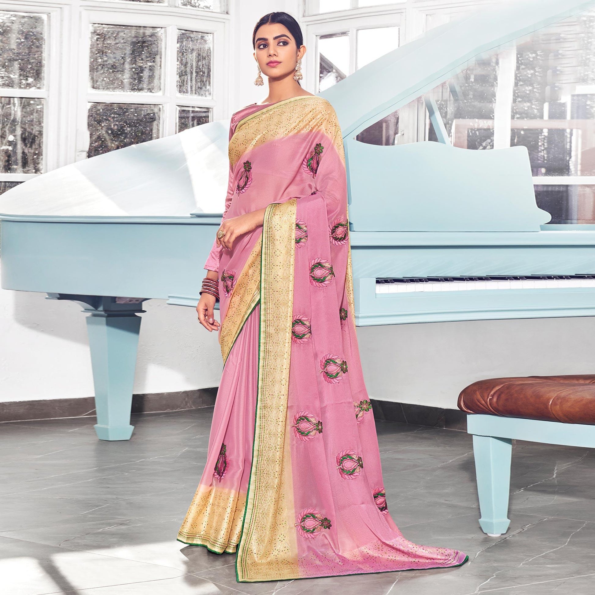 Light Pink Floral Embroidered Chiffon Saree