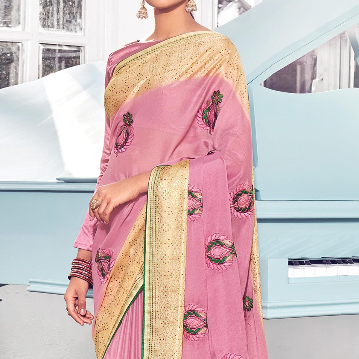 Light Pink Floral Embroidered Chiffon Saree