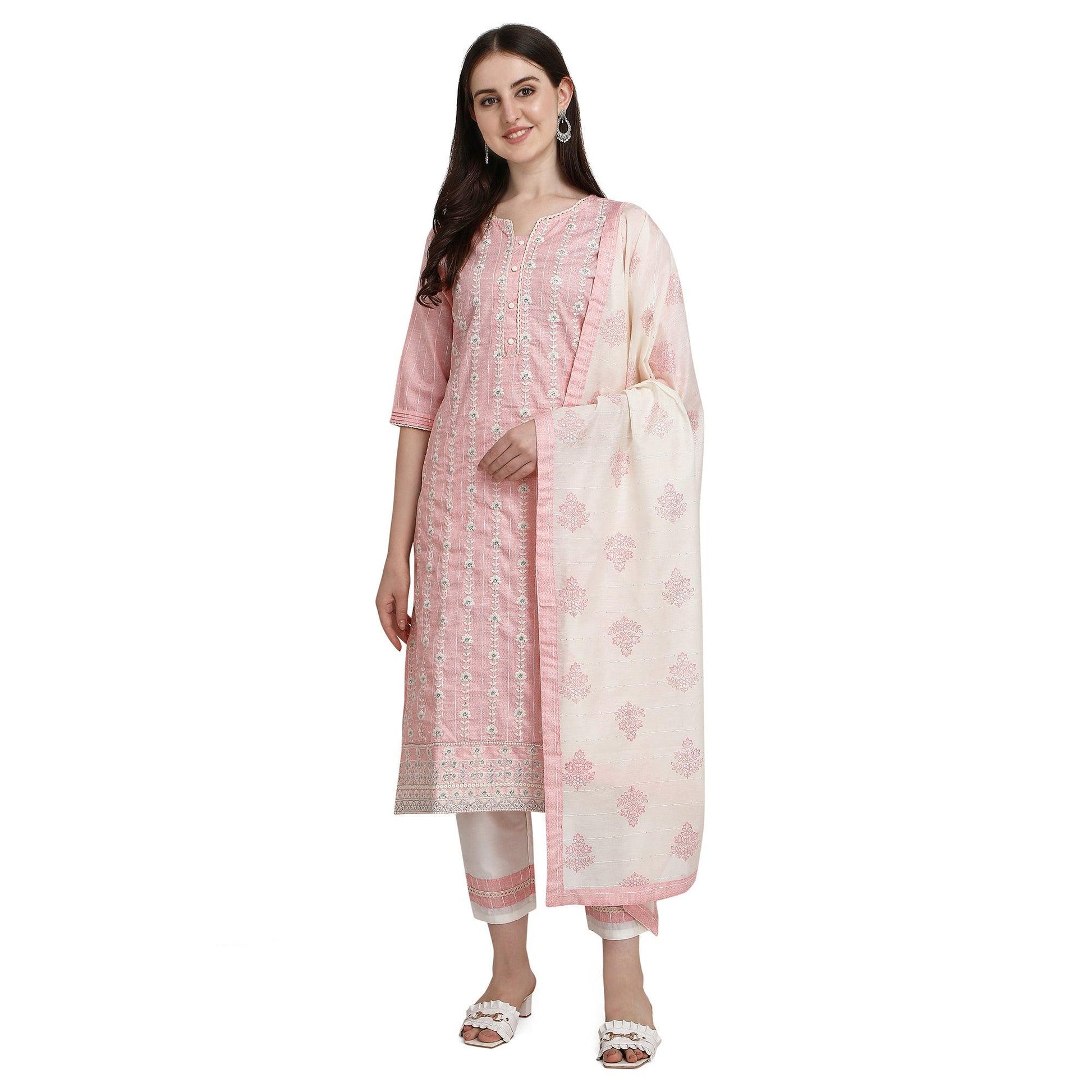 Light Pink Floral Embroidered Cotton Blend Kurti Pant Set