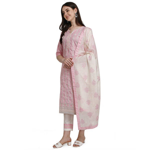 Light Pink Floral Embroidered Cotton Blend Kurti Pant Set