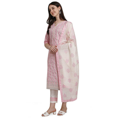 Light Pink Floral Embroidered Cotton Blend Kurti Pant Set