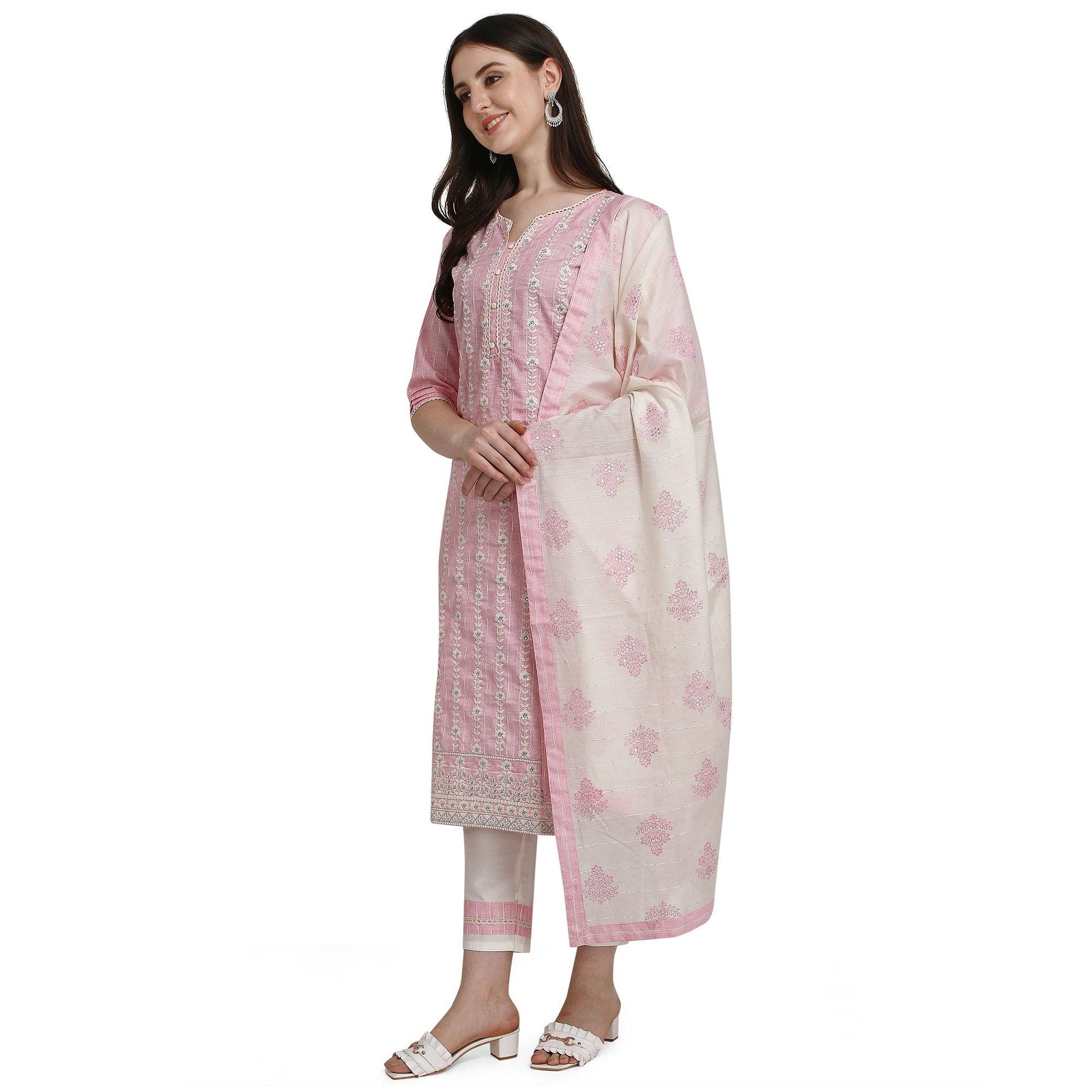 Light Pink Floral Embroidered Cotton Blend Kurti Pant Set