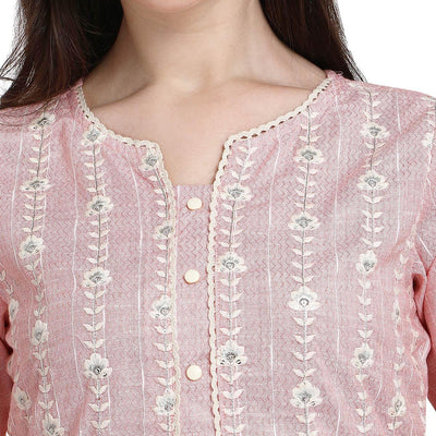 Light Pink Floral Embroidered Cotton Blend Kurti Pant Set