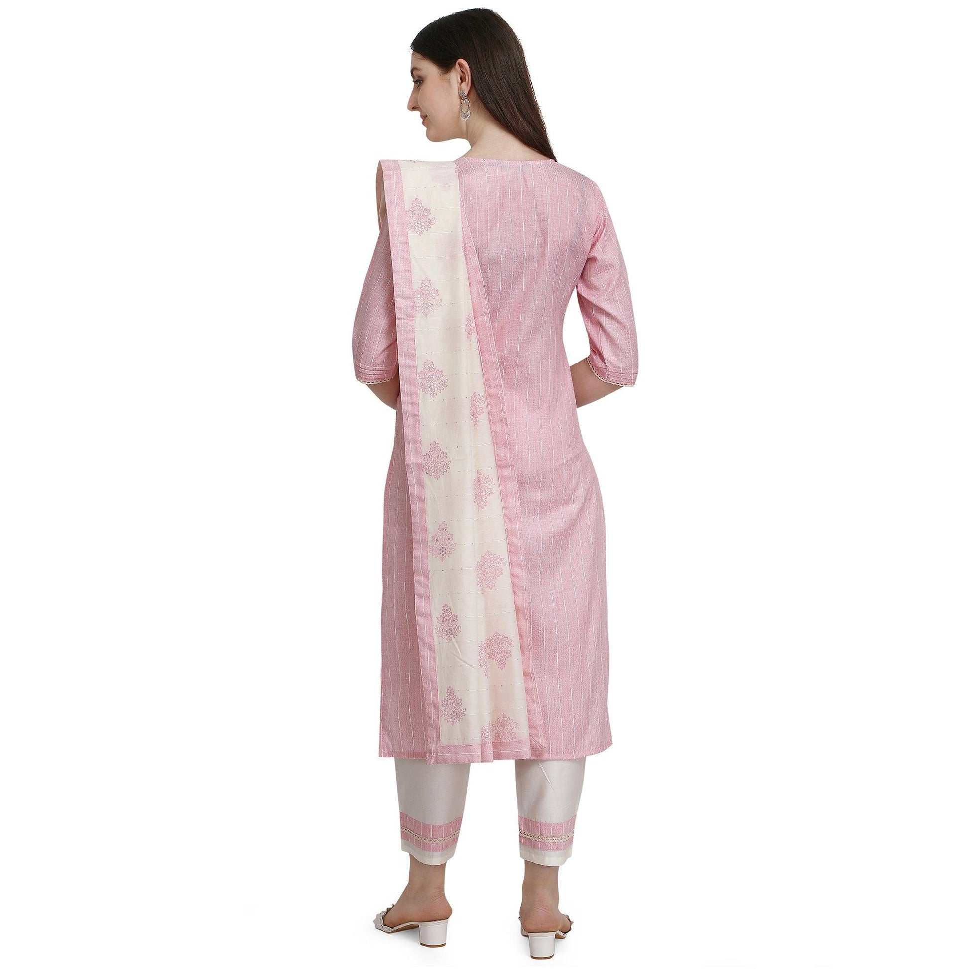 Light Pink Floral Embroidered Cotton Blend Kurti Pant Set
