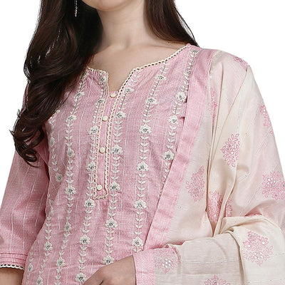 Light Pink Floral Embroidered Cotton Blend Kurti Pant Set