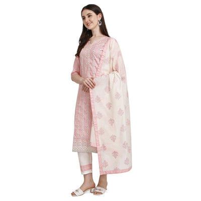 Light Pink Floral Embroidered Cotton Blend Kurti Pant Set