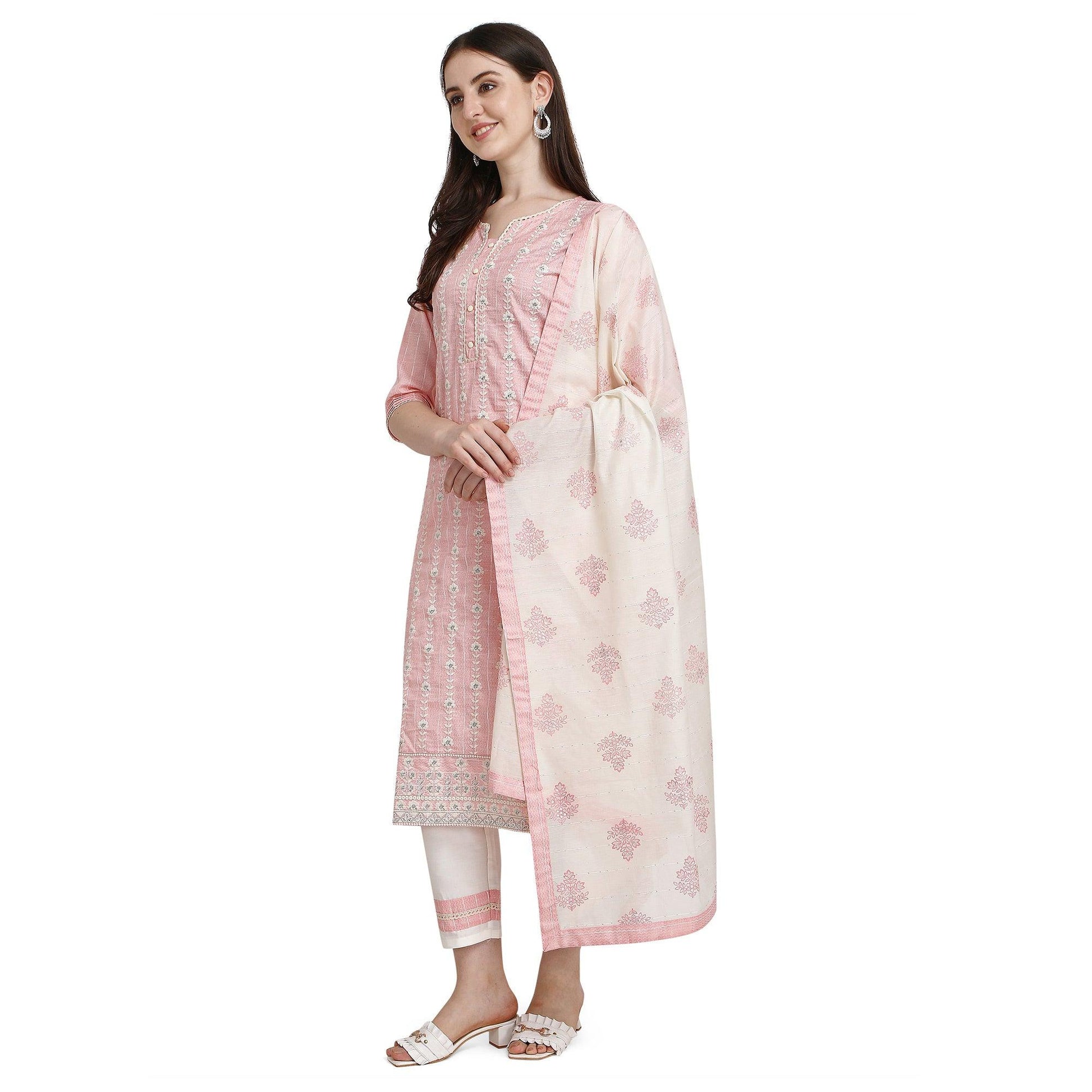 Light Pink Floral Embroidered Cotton Blend Kurti Pant Set