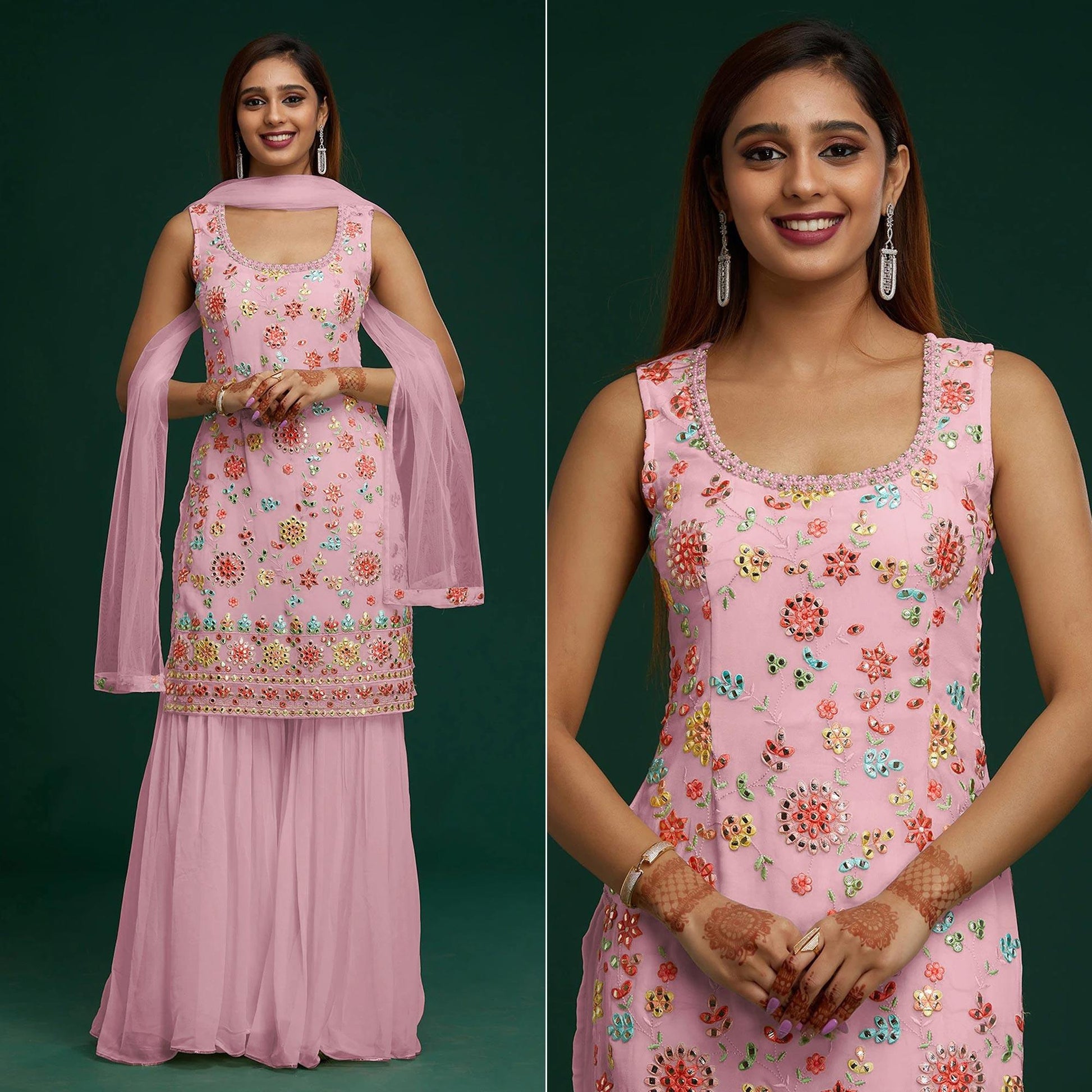 Light Pink Floral Embroidered With Mirror Work Georgette Sharara Suit