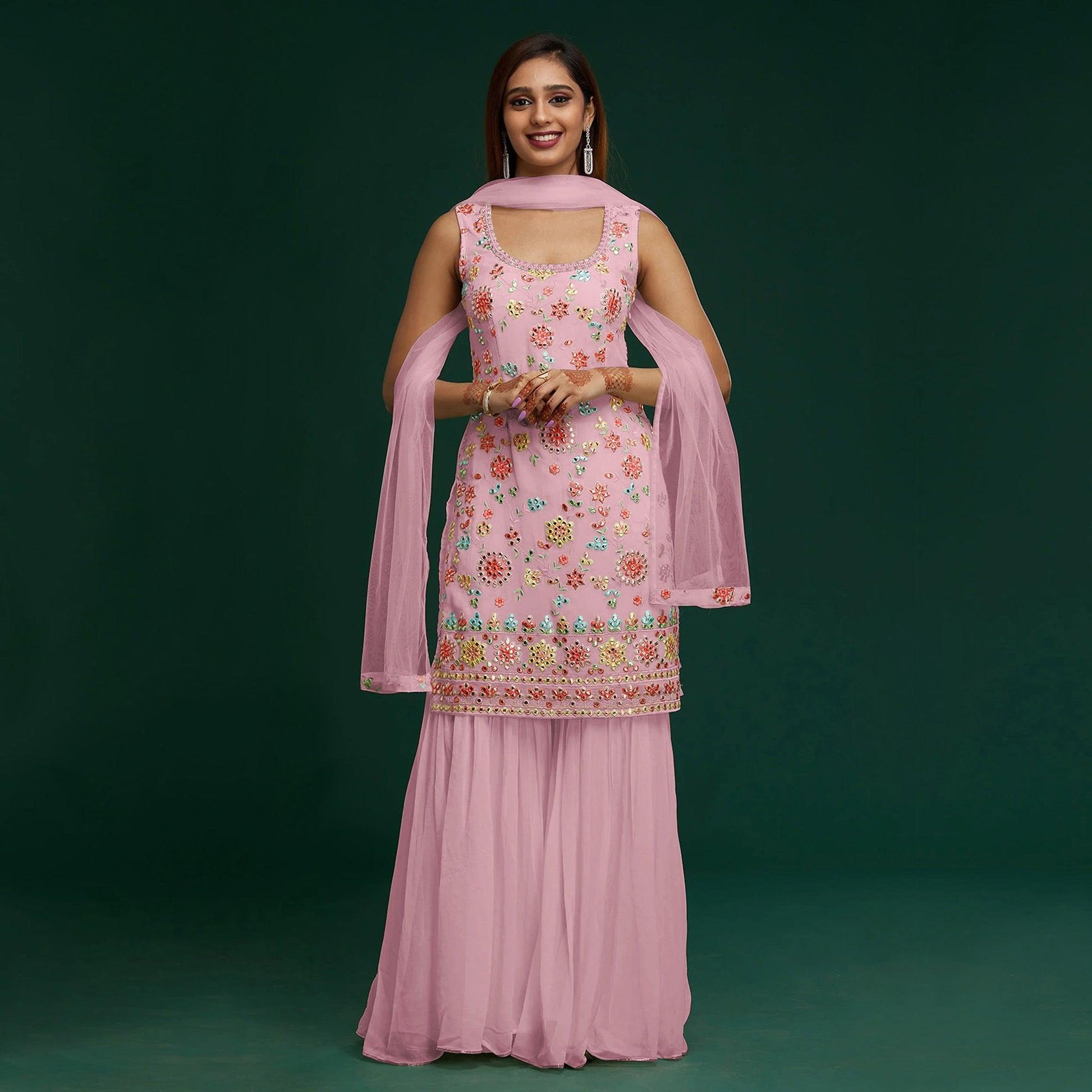 Light Pink Floral Embroidered With Mirror Work Georgette Sharara Suit