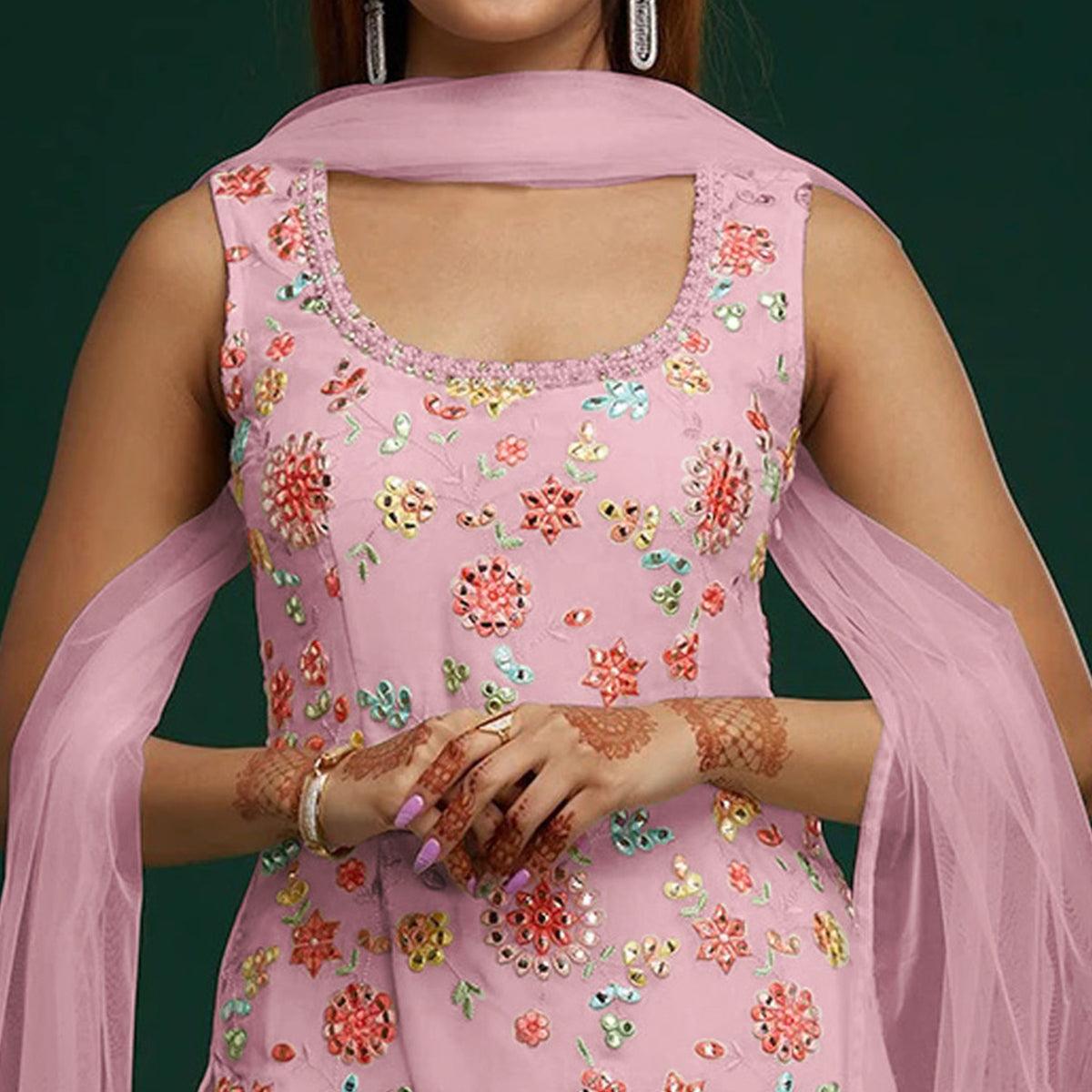 Light Pink Floral Embroidered With Mirror Work Georgette Sharara Suit