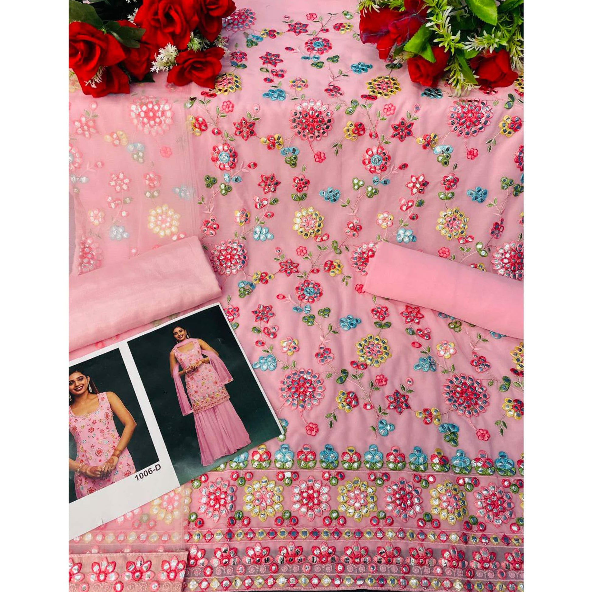 Light Pink Floral Embroidered With Mirror Work Georgette Sharara Suit
