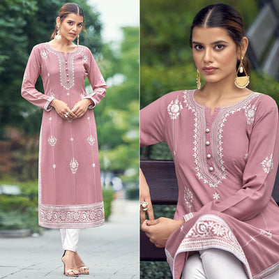 Light Pink Lakhnawi Work Rayon Kurti