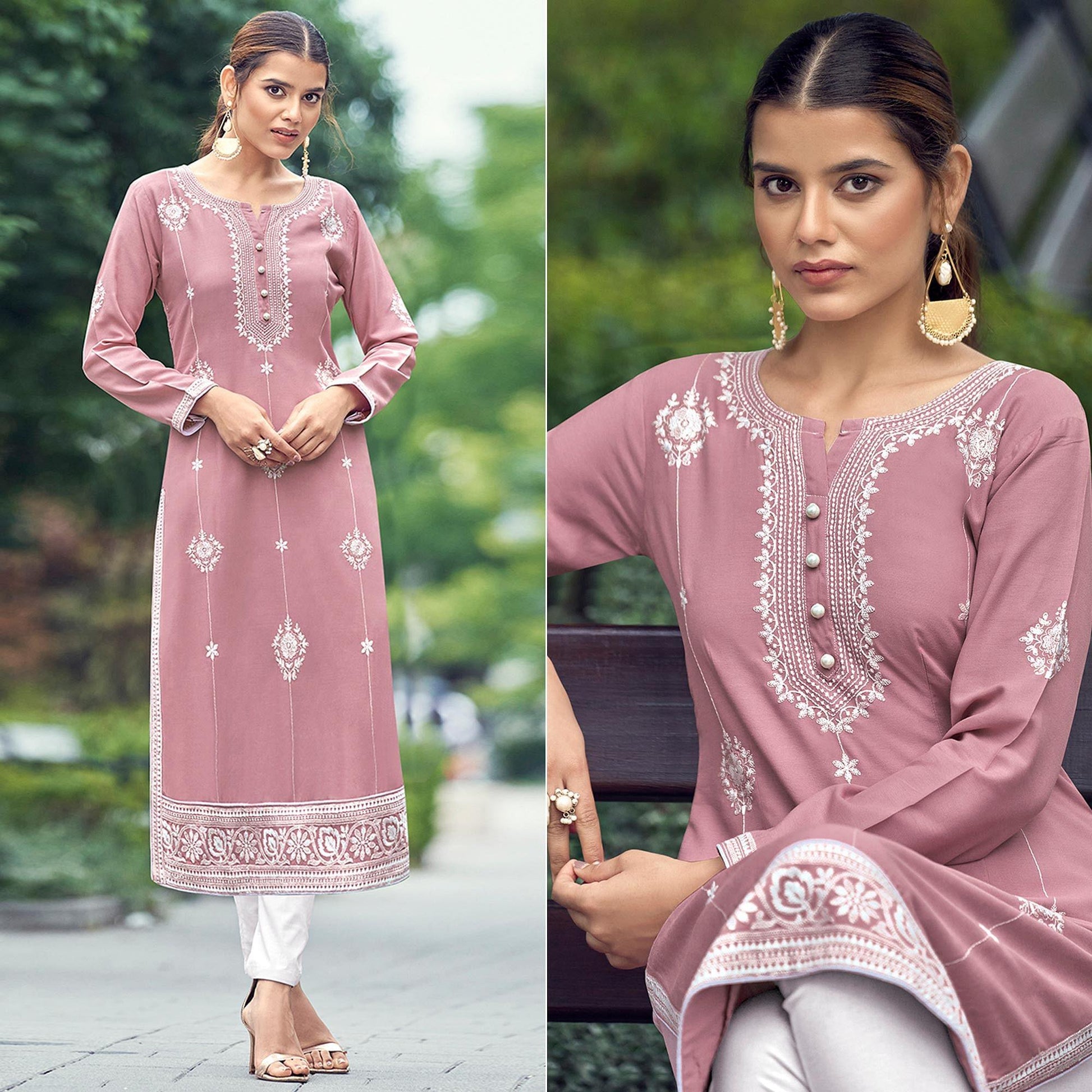 Light Pink Lakhnawi Work Rayon Kurti