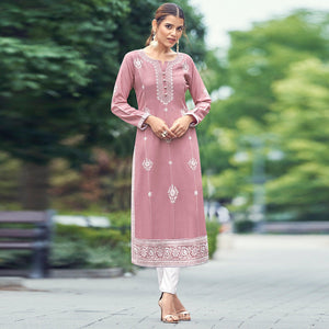 Light Pink Lakhnawi Work Rayon Kurti