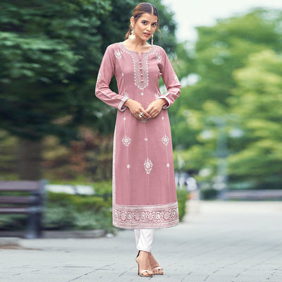 Light Pink Lakhnawi Work Rayon Kurti