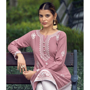 Light Pink Lakhnawi Work Rayon Kurti