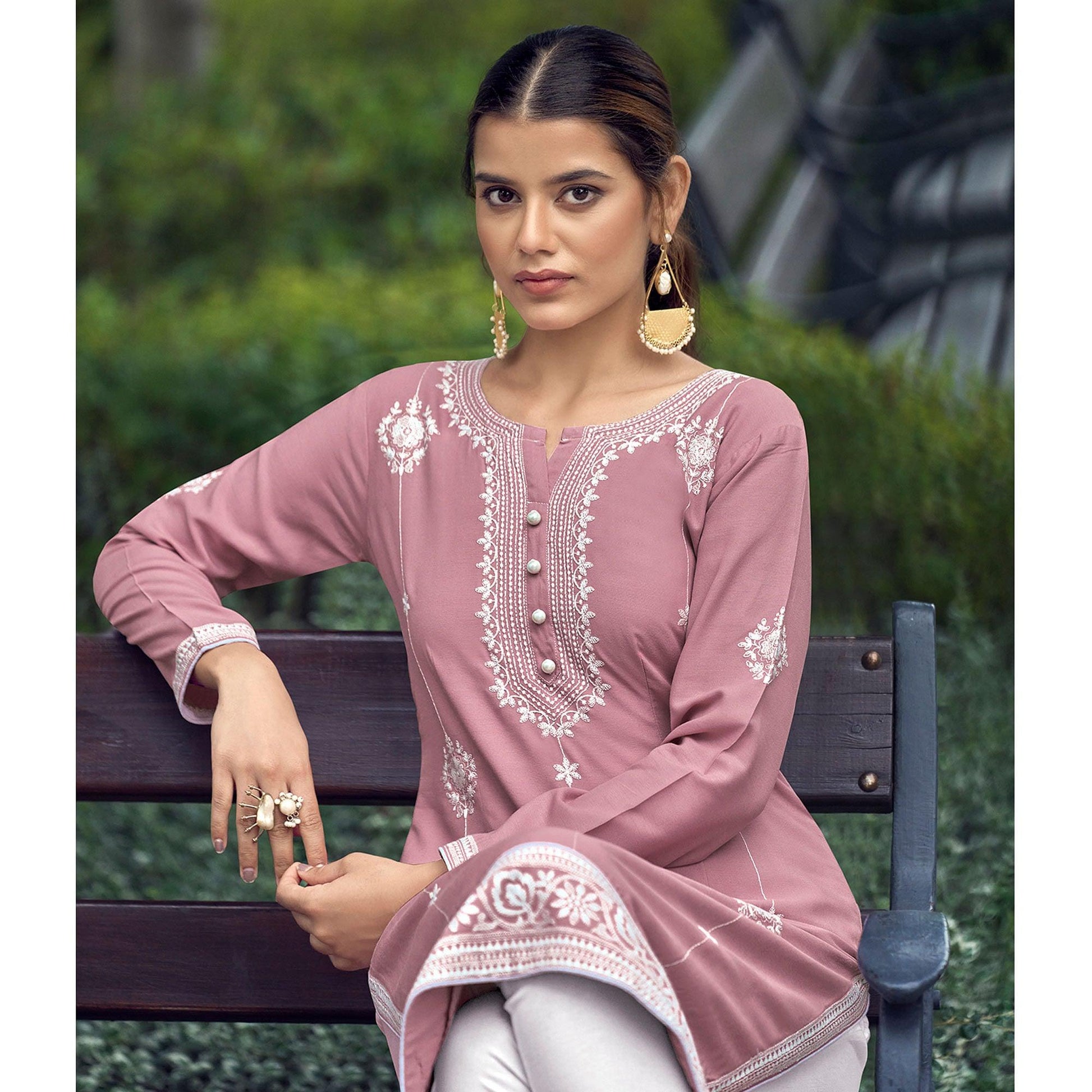 Light Pink Lakhnawi Work Rayon Kurti