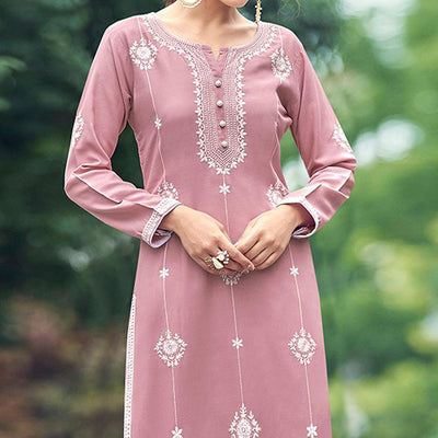 Light Pink Lakhnawi Work Rayon Kurti