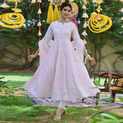 Light Pink Lucknowi Embroidered Pure Cotton Anarkali Suit
