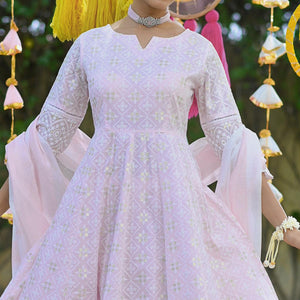Light Pink Lucknowi Embroidered Pure Cotton Anarkali Suit