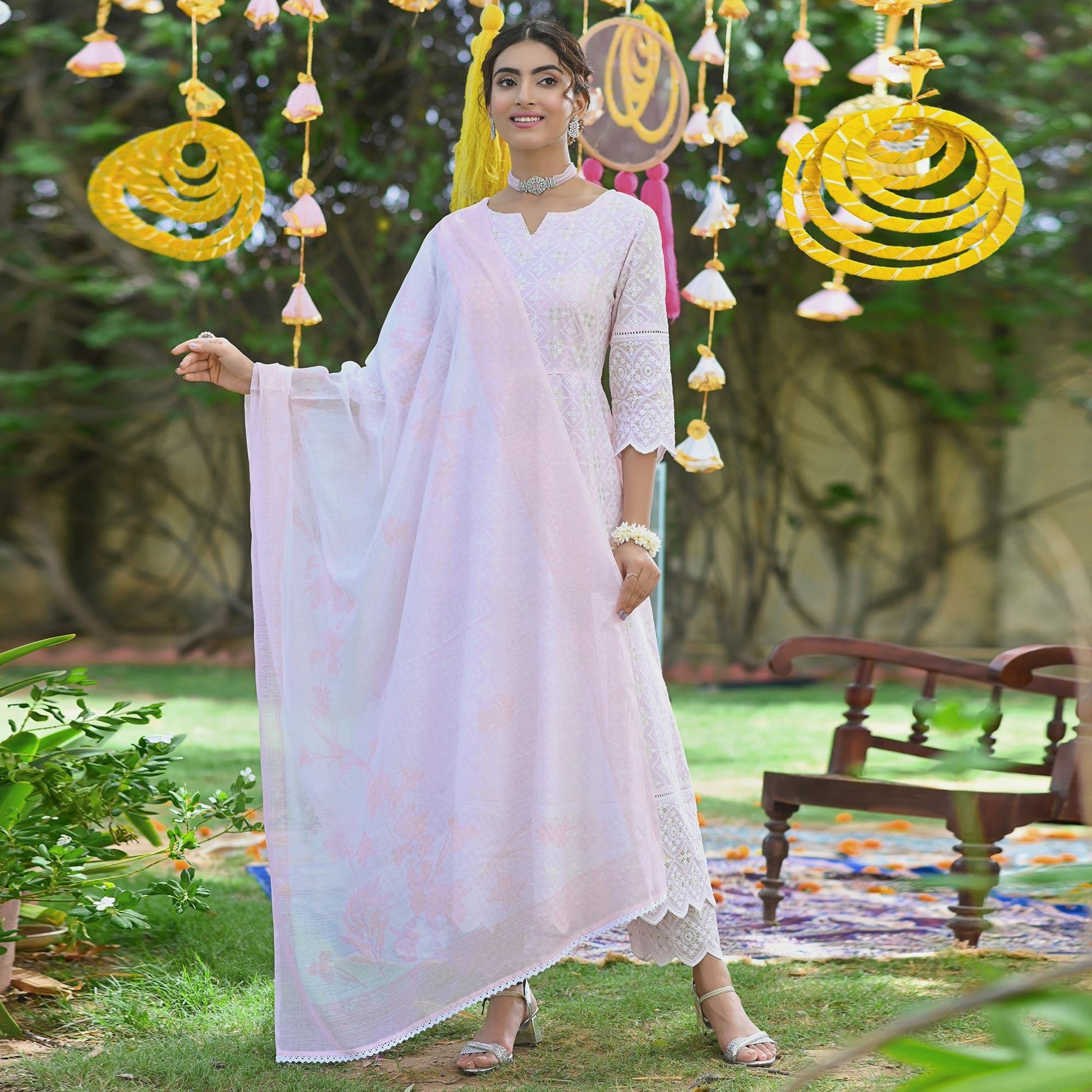 Light Pink Lucknowi Embroidered Pure Cotton Anarkali Suit