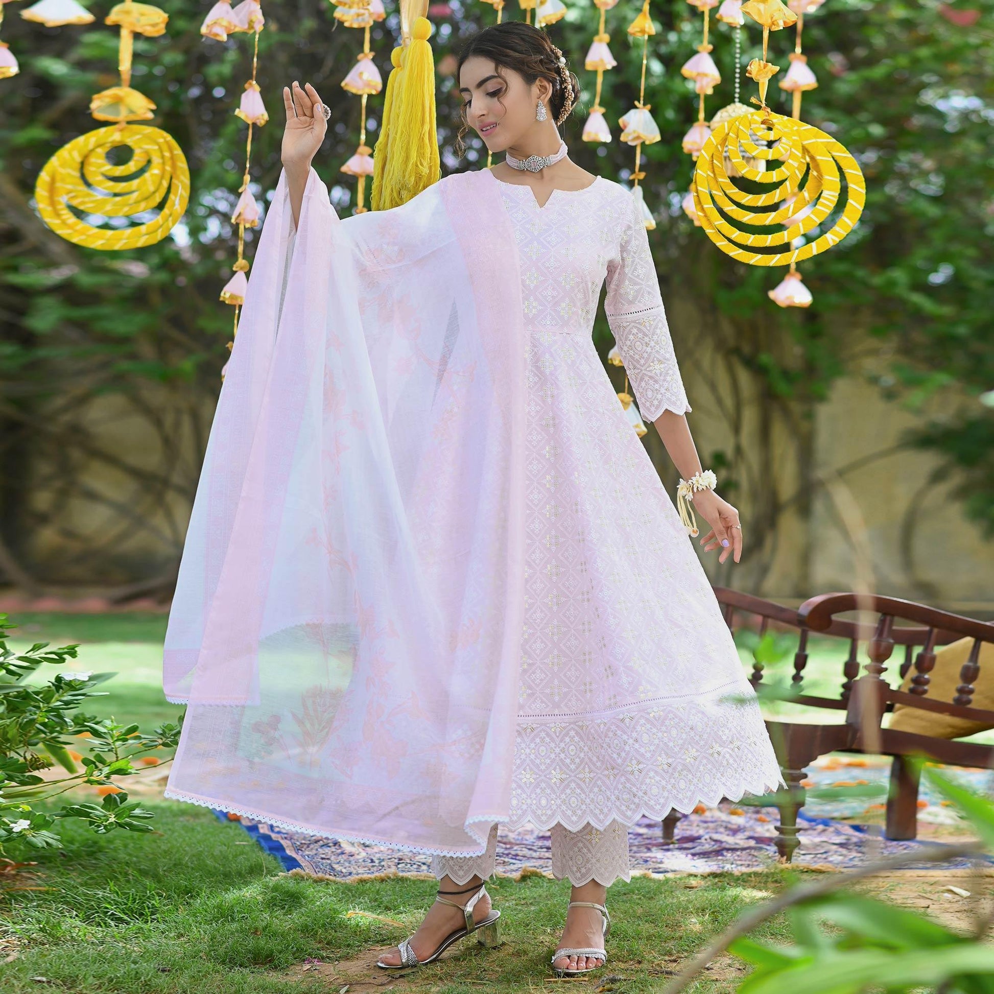 Light Pink Lucknowi Embroidered Pure Cotton Anarkali Suit