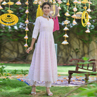 Light Pink Lucknowi Embroidered Pure Cotton Anarkali Suit