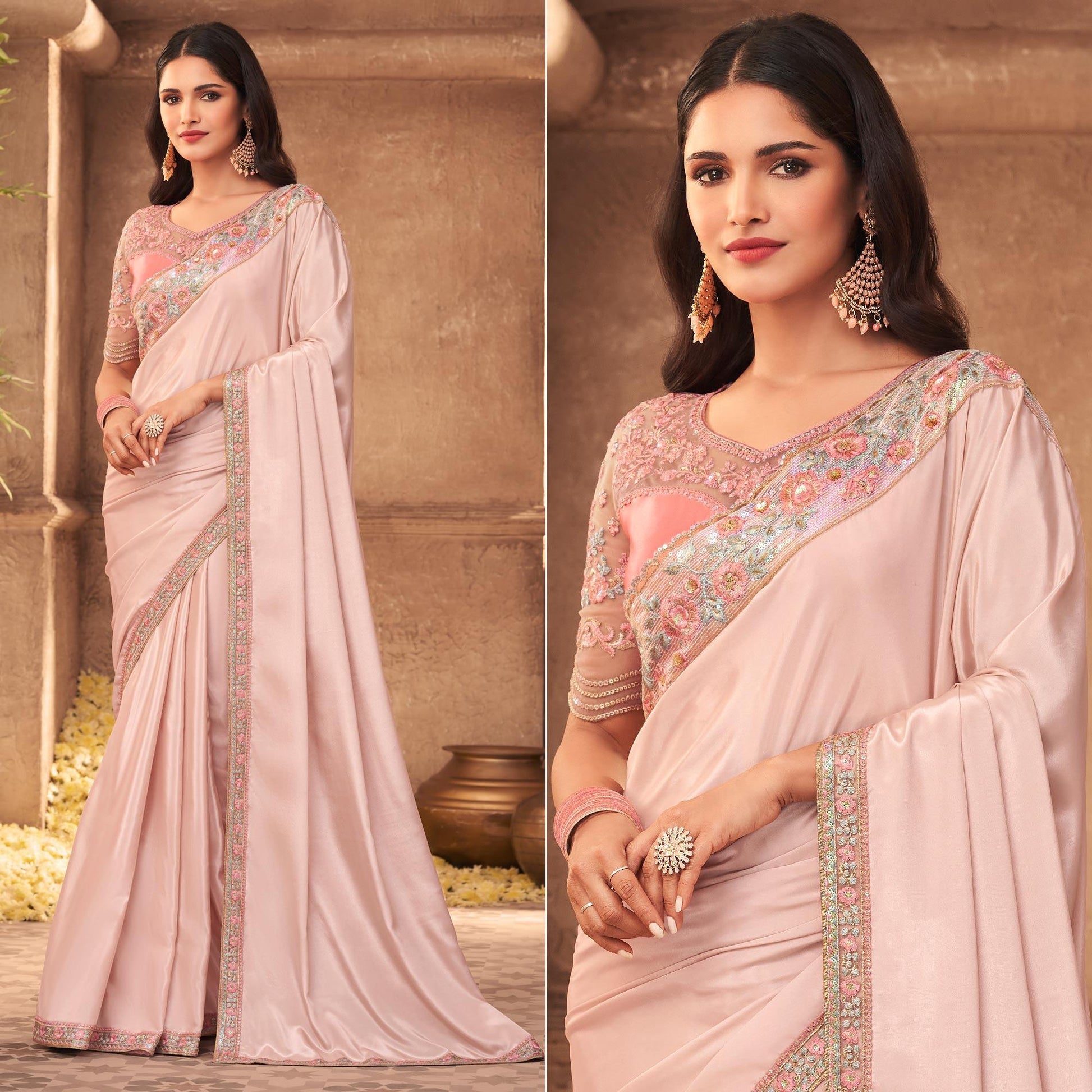Light Pink Partywear Embroidered Silk Saree