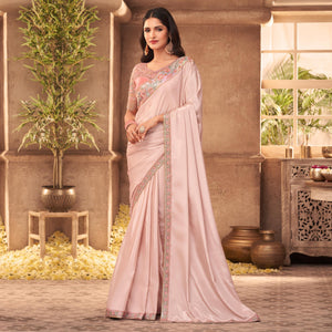 Light Pink Partywear Embroidered Silk Saree
