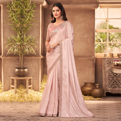 Light Pink Partywear Embroidered Silk Saree