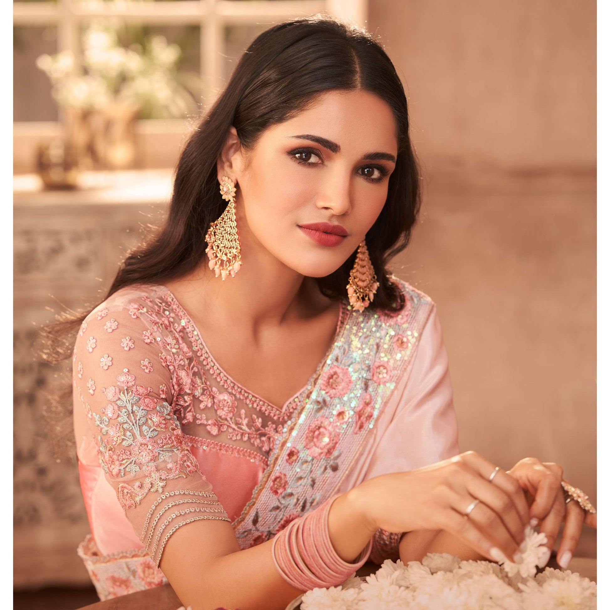 Light Pink Partywear Embroidered Silk Saree