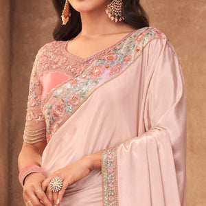 Light Pink Partywear Embroidered Silk Saree