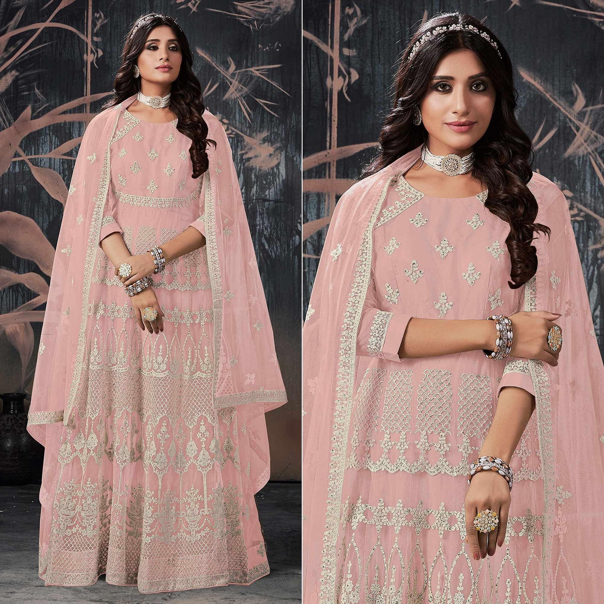Light Pink Partywear Embroidery With Embellished Net Gown