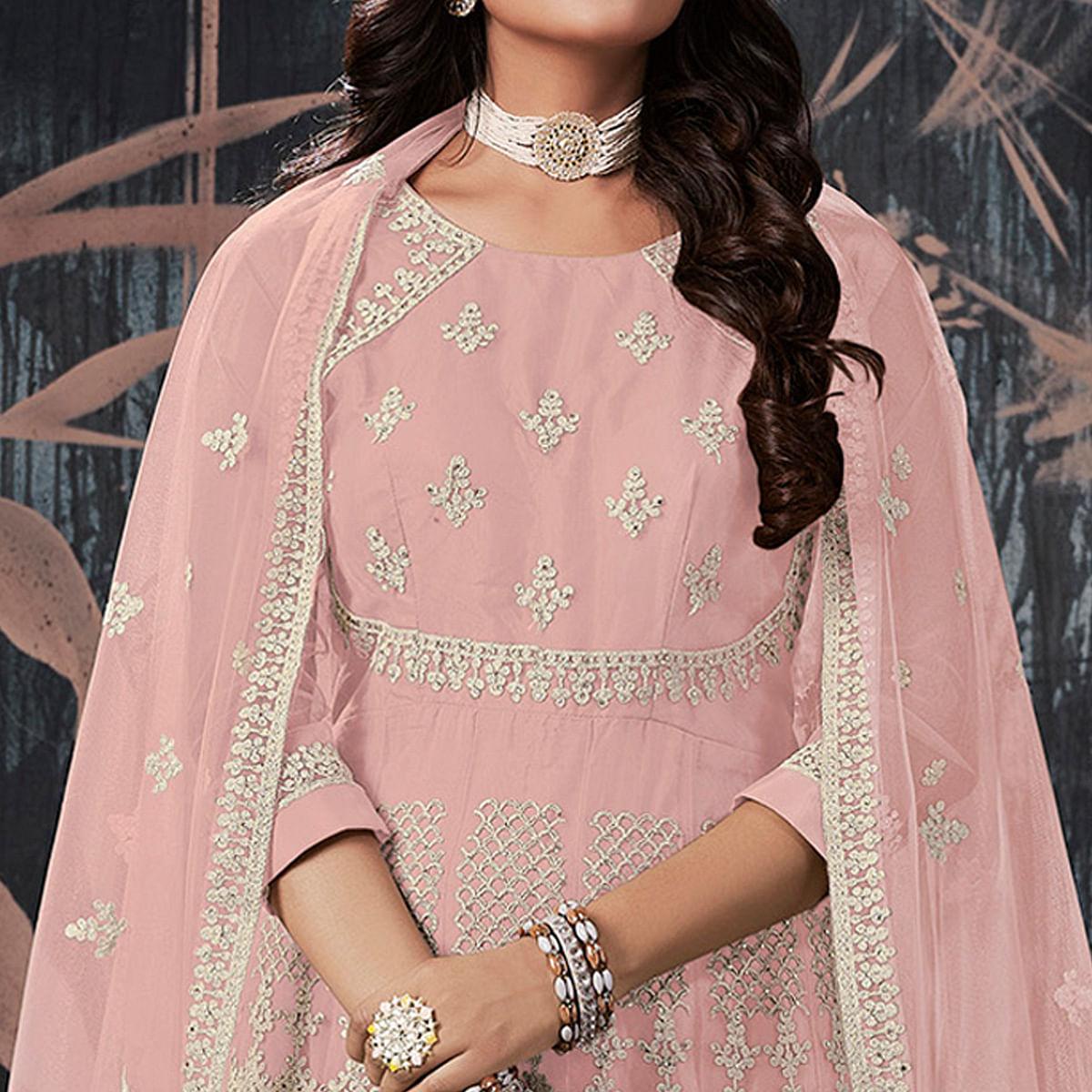 Light Pink Partywear Embroidery With Embellished Net Gown