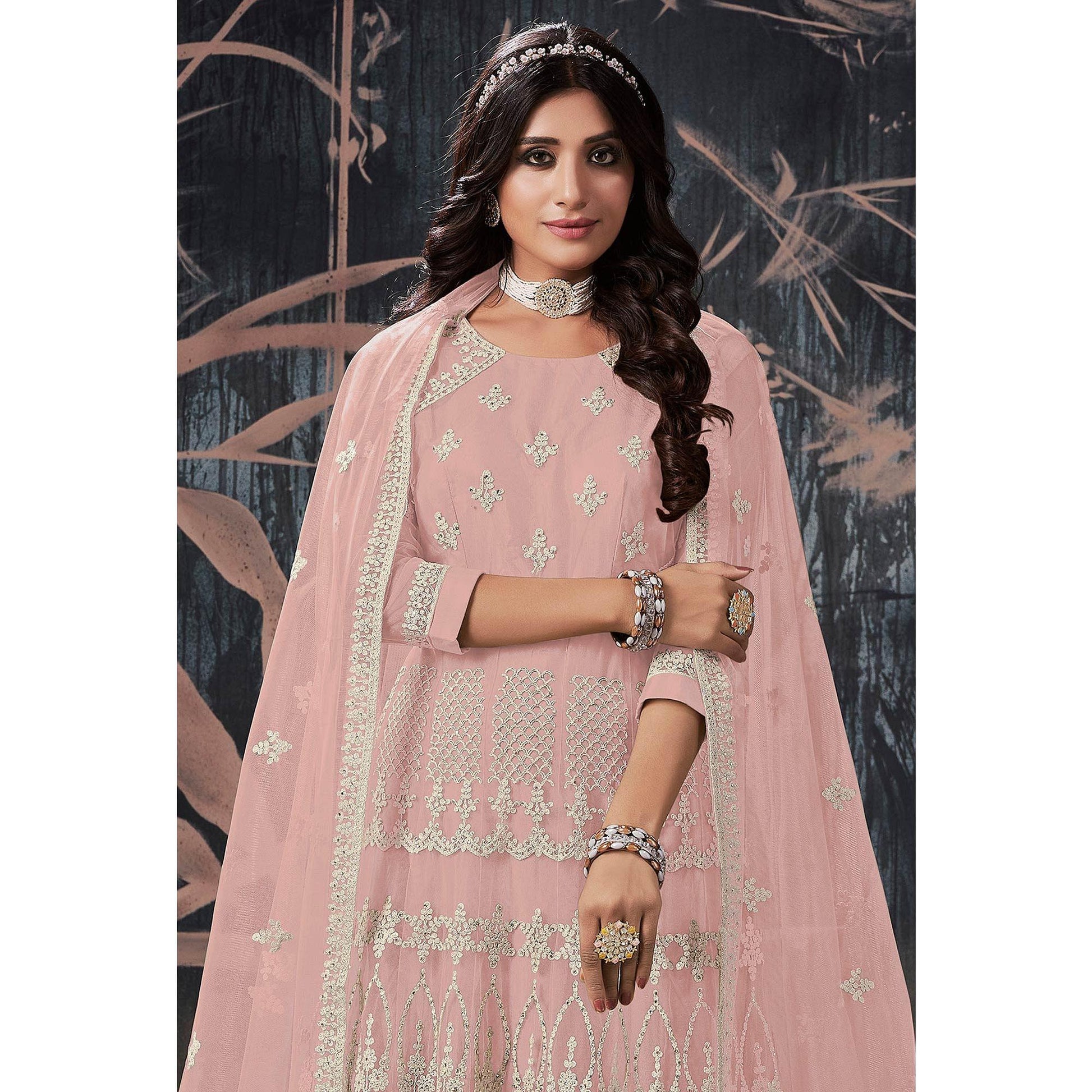 Light Pink Partywear Embroidery With Embellished Net Gown