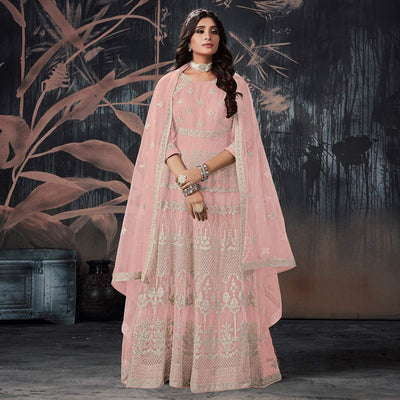 Light Pink Partywear Embroidery With Embellished Net Gown